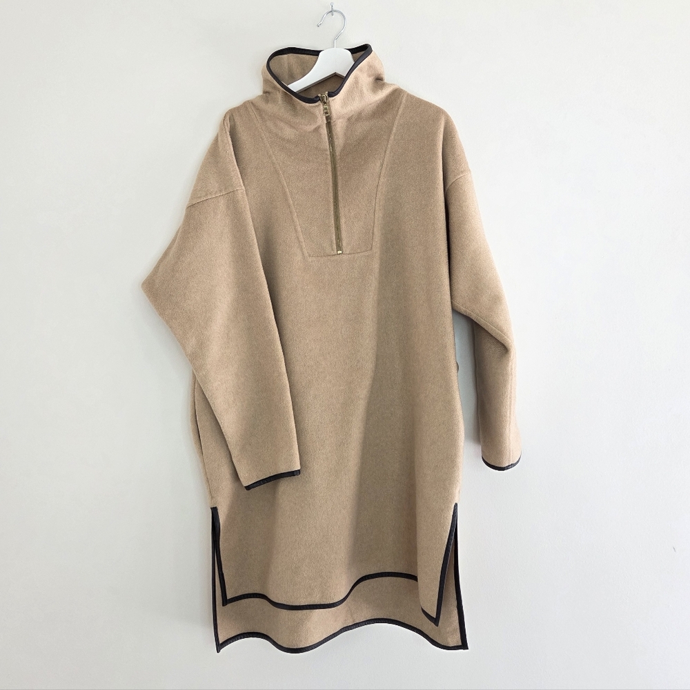 J. Crew Poncho Cashmere Piping Quarter-Zip Mock-Neck Mid-Length Sand Medium - Picture 2 of 9